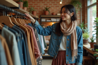 Jeune femme examine des vêtements vintage dans une boutique