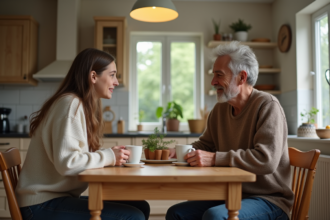 Jeune fille et son beau-pere discutent autour d'une tasse