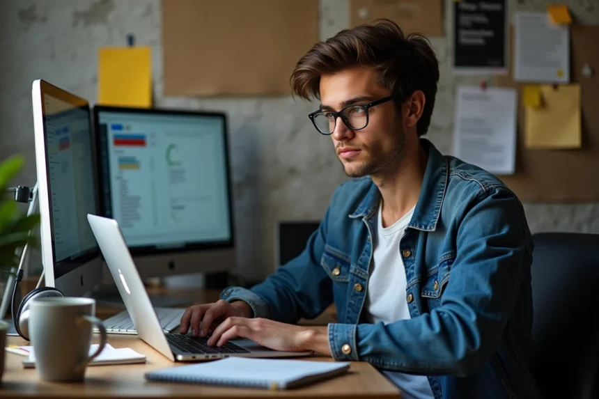 Jeune homme concentré sur son ordinateur dans un bureau désordonné