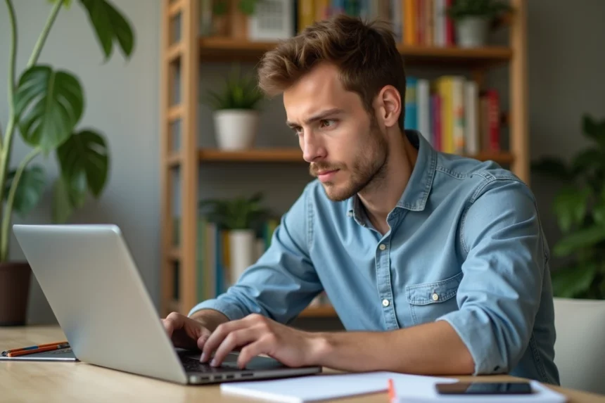 Jeune homme étudiant concentré sur son ordinateur portable