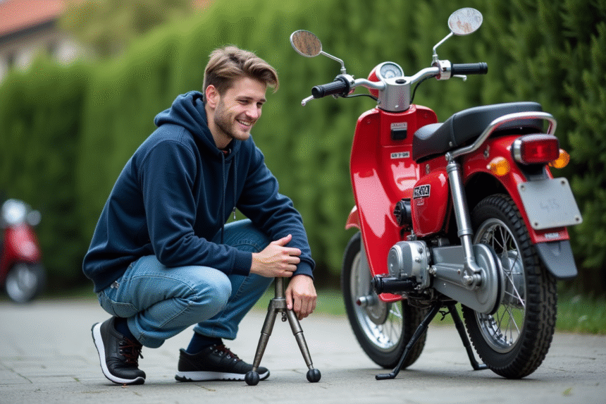 Jeune homme inspectant un axe de moto Honda Dax rouge