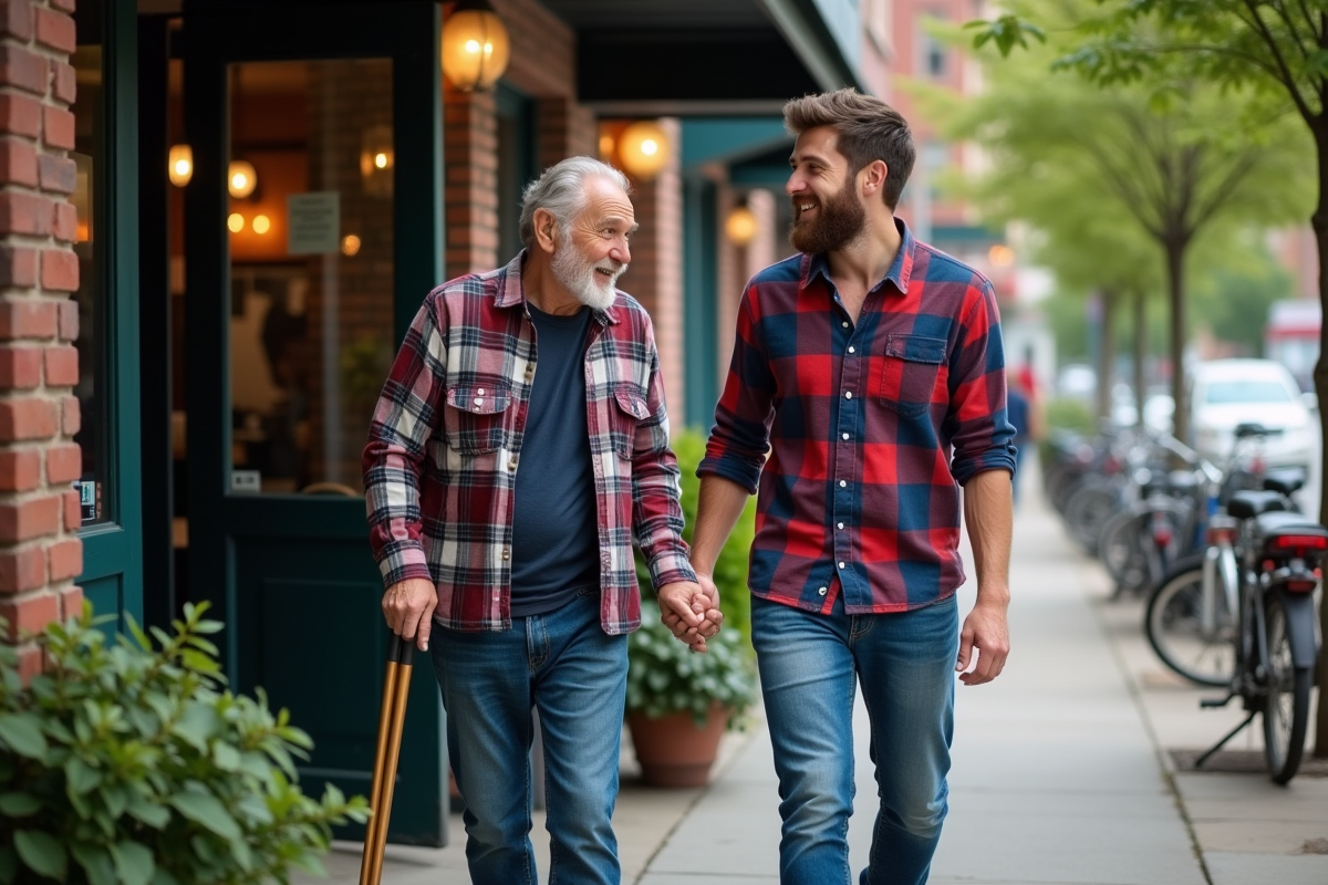 Jeune homme aidant un senior à la porte d’un café