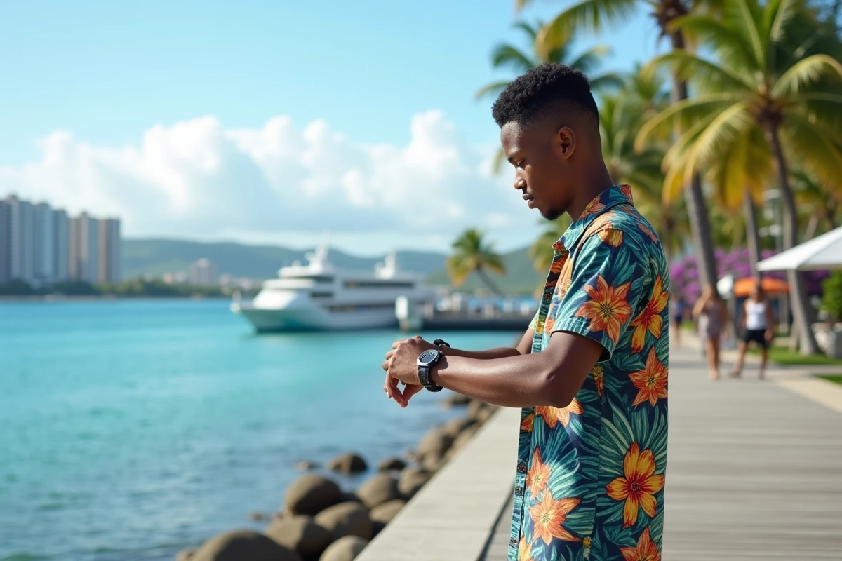 Jeune homme kanak regardant sa montre sur la promenade