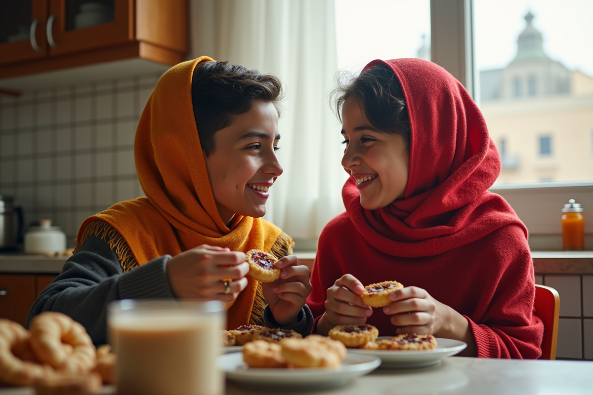 Jeune garçon et fille nord-africains partageant des douceurs lors d