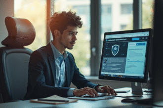 Jeune professionnel au bureau avec écrans de cybersécurité et recherche d'emploi