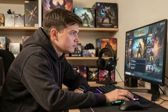 Joueur de League of Legends assis à son bureau gaming, regardant l'écran de sélection de champion en réfléchissant au temps passé sur le jeu