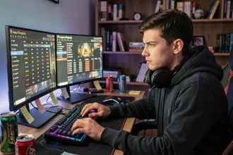 Joueur de League of Legends analysant ses statistiques wated.gg sur double écran dans une salle de gaming RGB