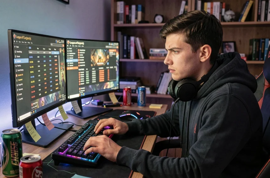 Joueur de League of Legends analysant ses statistiques wated.gg sur double écran dans une salle de gaming RGB