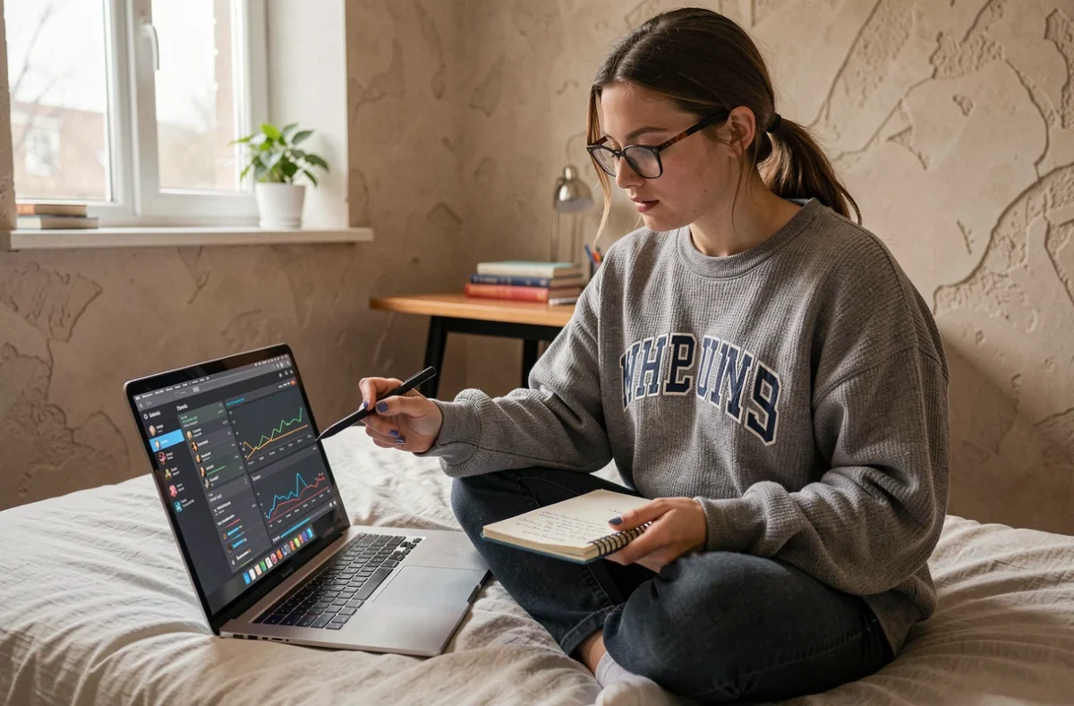 Joueuse analysant les statistiques de son profil League of Legends sur laptop dans une chambre étudiante