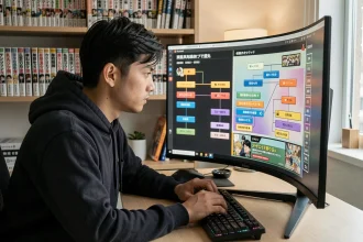 Jeune homme lisant un manga en ligne sur un grand écran incurvé dans un bureau moderne, illustrant les meilleurs sites pour suivre Become the Strongest Hero Through the Cheat System