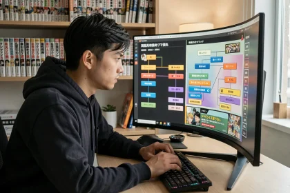 Jeune homme lisant un manga en ligne sur un grand écran incurvé dans un bureau moderne, illustrant les meilleurs sites pour suivre Become the Strongest Hero Through the Cheat System
