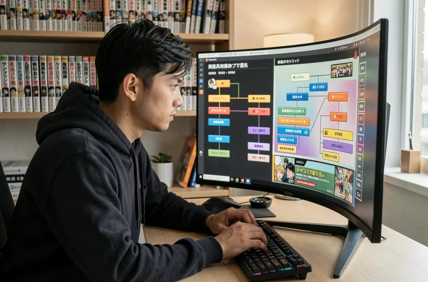 Jeune homme lisant un manga en ligne sur un grand écran incurvé dans un bureau moderne, illustrant les meilleurs sites pour suivre Become the Strongest Hero Through the Cheat System