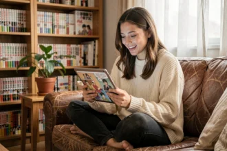 Jeune femme lisant des webtoons sur une tablette dans un salon cosy entouré de mangas
