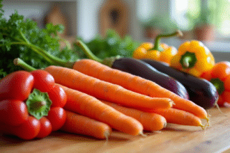 Légumes frais en forme de V sur une table en bois lumineux
