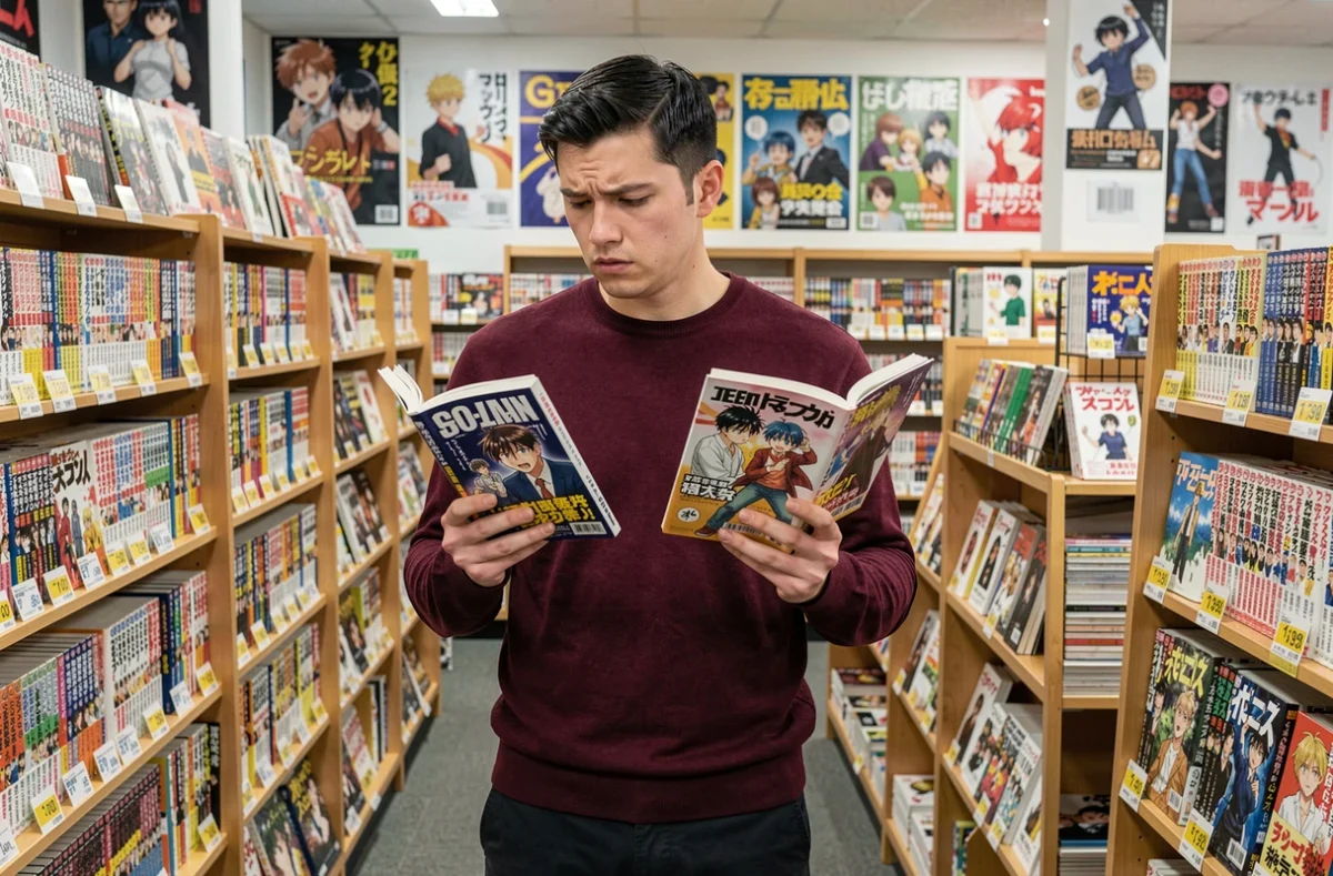 Homme adulte dans une librairie manga comparant deux volumes de genres différents avec une expression perplexe