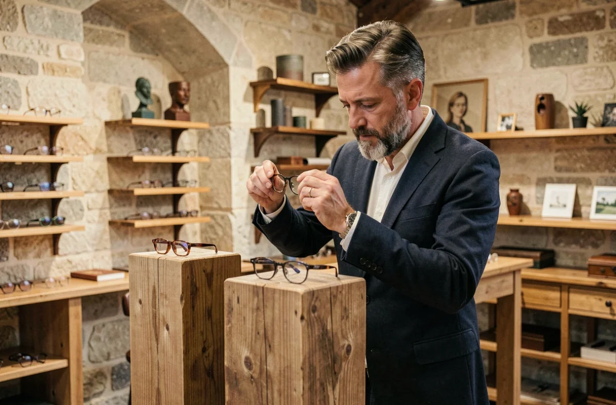 Opticien créateur Lissac au Mans ajustant une monture artisanale dans son atelier au style boutique indépendante