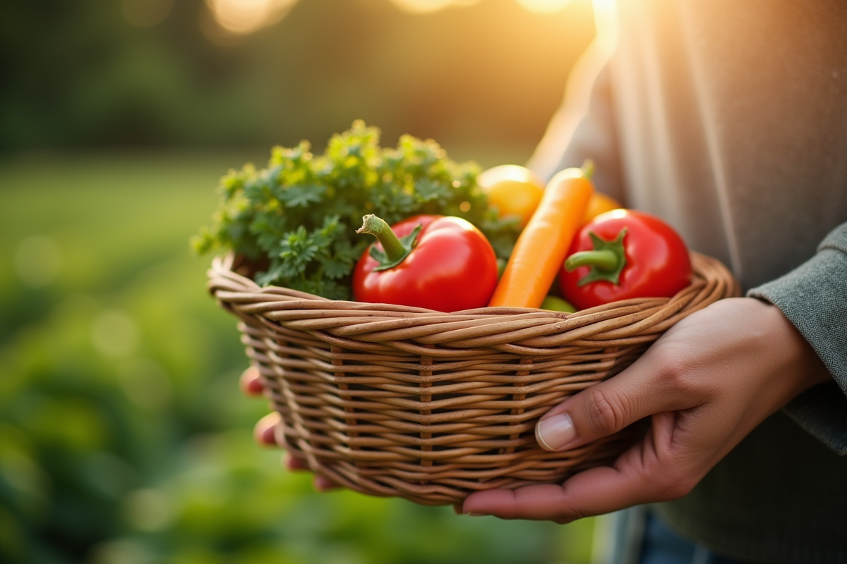 Mains tenant un panier de légumes en forme de V dans un jardin