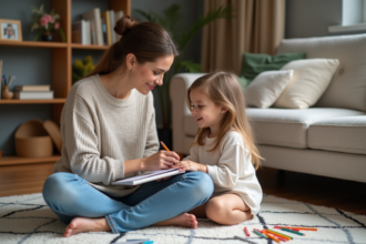 Maman aidant sa fille à dessiner dans un salon chaleureux