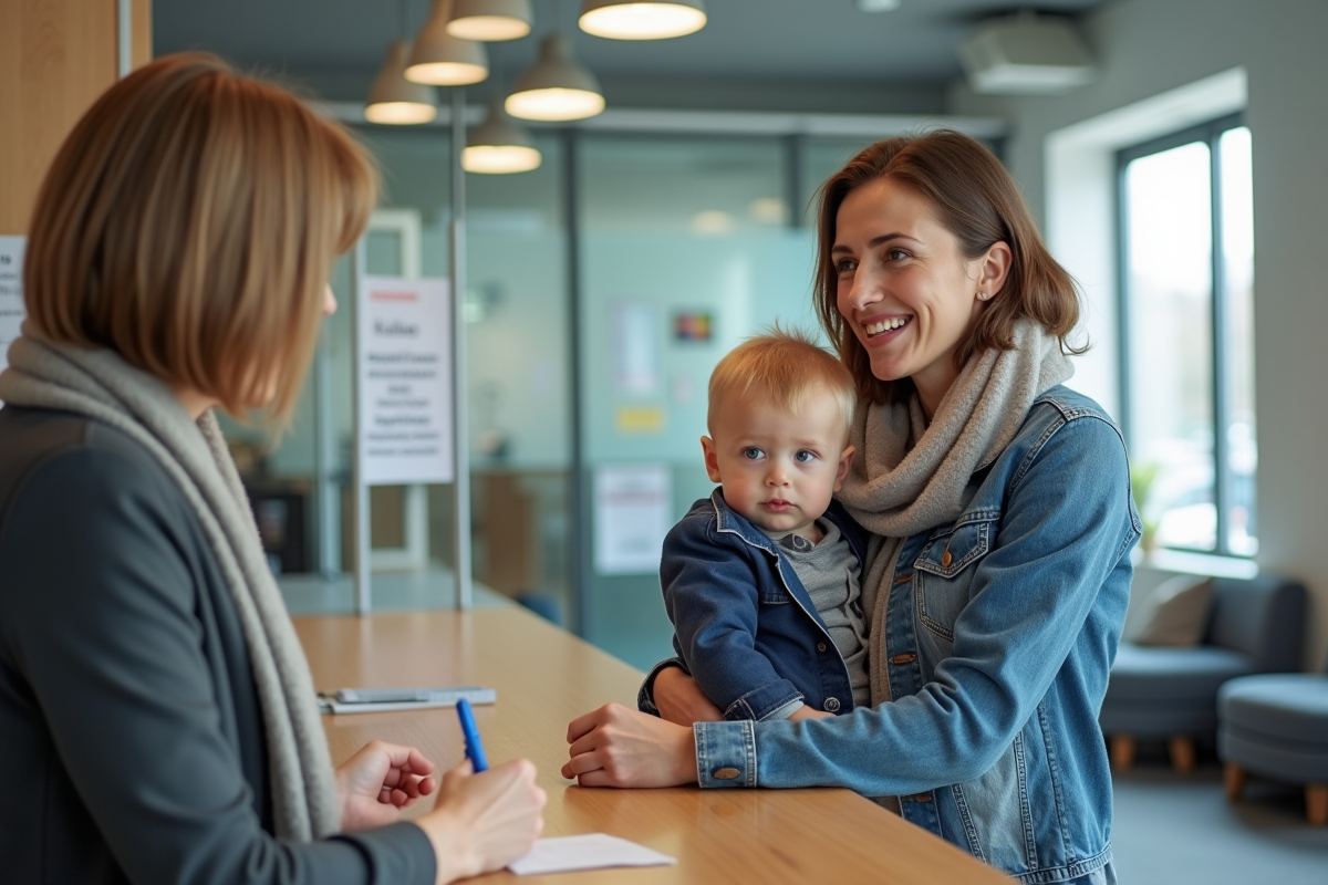 Mère et enfant au guichet dans un bureau social moderne