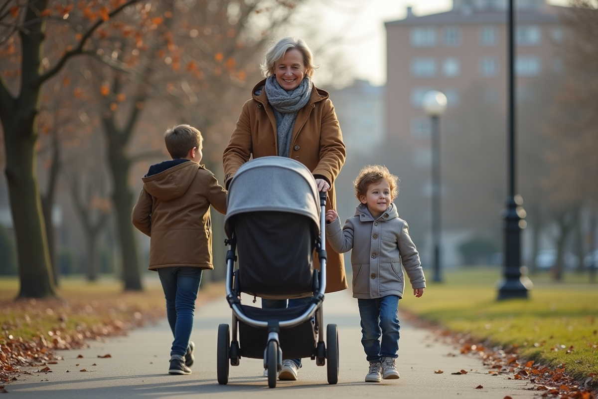 Maman marchant avec son enfant dans un parc urbain au printemps