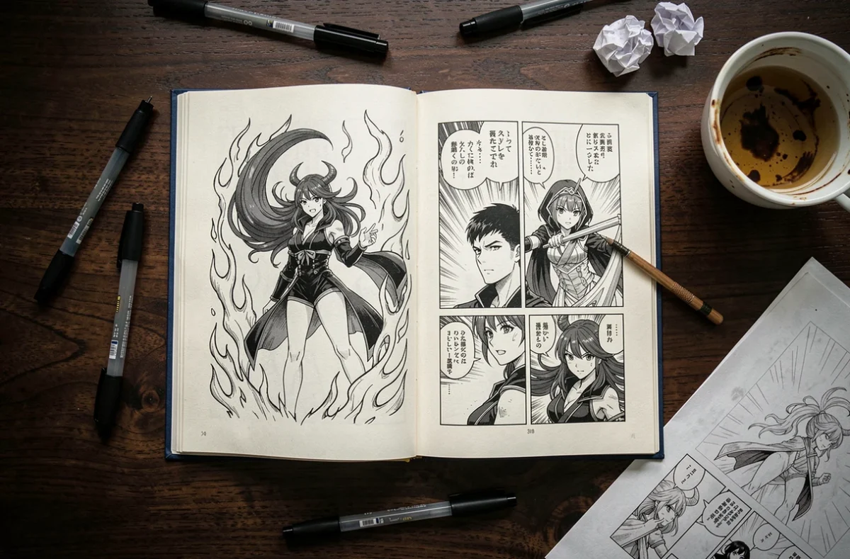 Livre de manga ouvert sur un bureau en bois sombre avec des illustrations de personnage féminin entouré de flammes, matériel d'analyse éditoriale