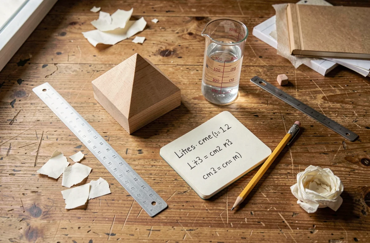 Maquette de pyramide à base carrée, éprouvette graduée et conversions d'unités de volume en litres et cm³ sur un bureau en bois
