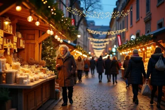 Marché nocturne de Noël dans une rue piétonne de Toulouse avec étals en bois et façades en briques roses
