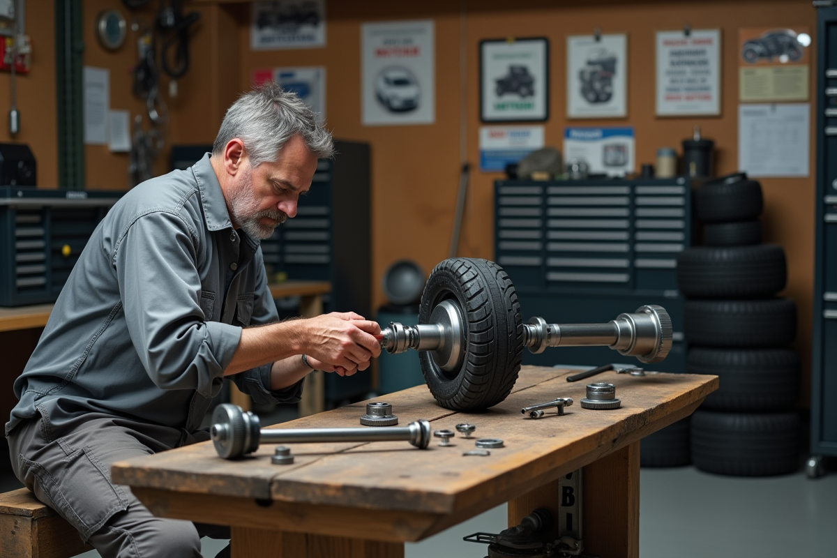Mécanicien assemblant un axe de moto dans un garage