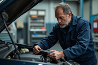 Mécanicien automobile en coveralls examine un moteur