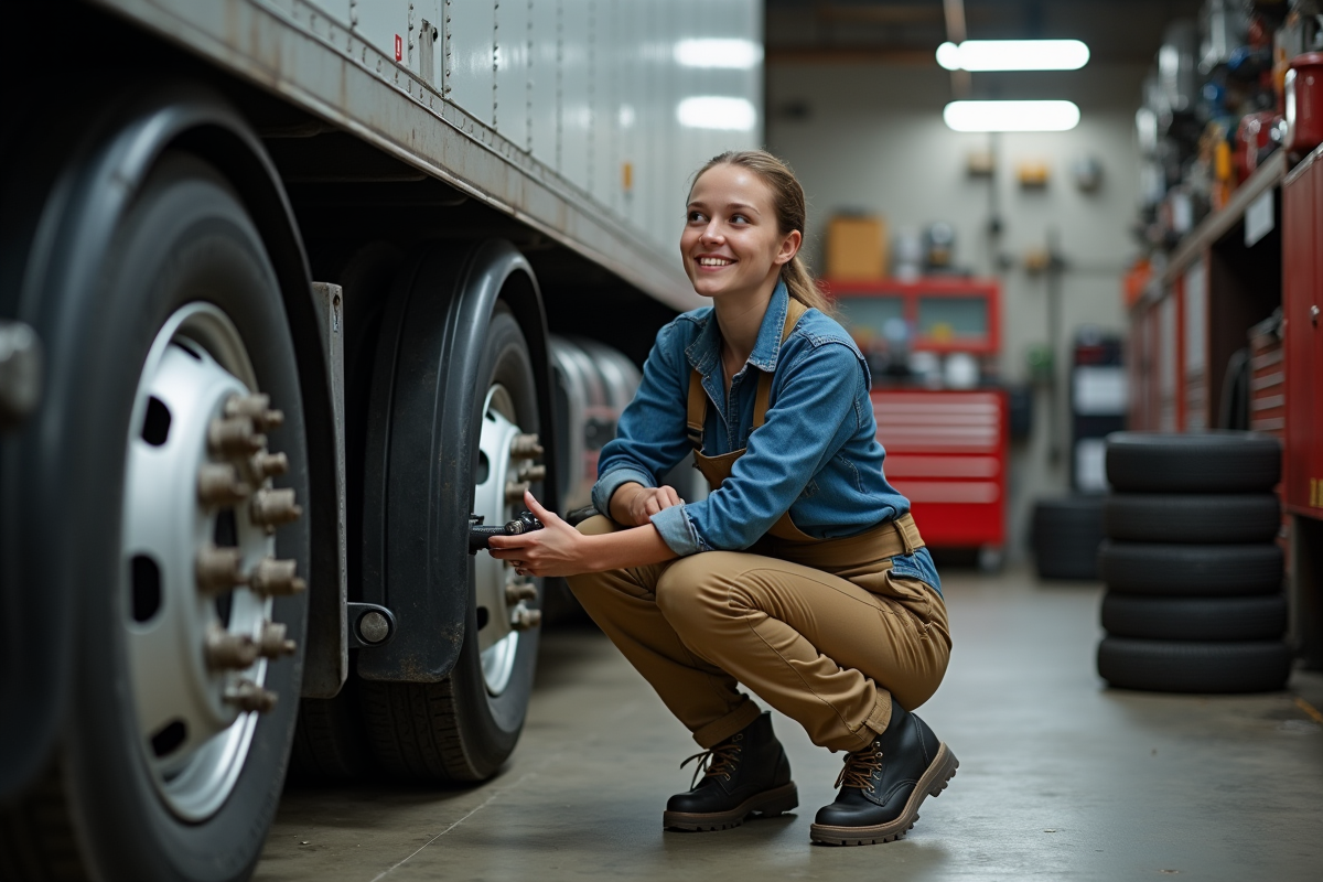 Jeune femme mécanicienne en atelier auto