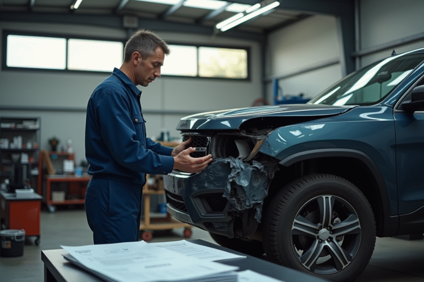 Mecanicien inquiet montrant une voiture endommagee dans un garage moderne