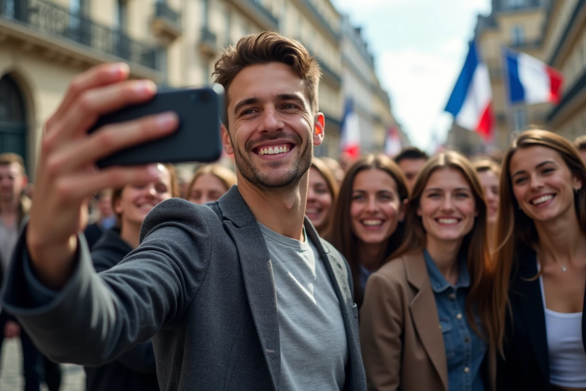 Jeune homme politique prenant un selfie avec des supporters lors d'un meeting en plein air à Paris, dans un style réseaux sociaux