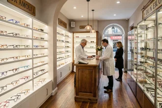 Intérieur d'une boutique d'opticien moderne dans la Sarthe avec des présentoirs de lunettes et un opticien conseillant un client