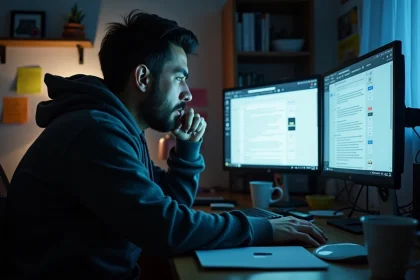 Modérateur de forum fatigué face à des commentaires de trolls sur un écran d'ordinateur