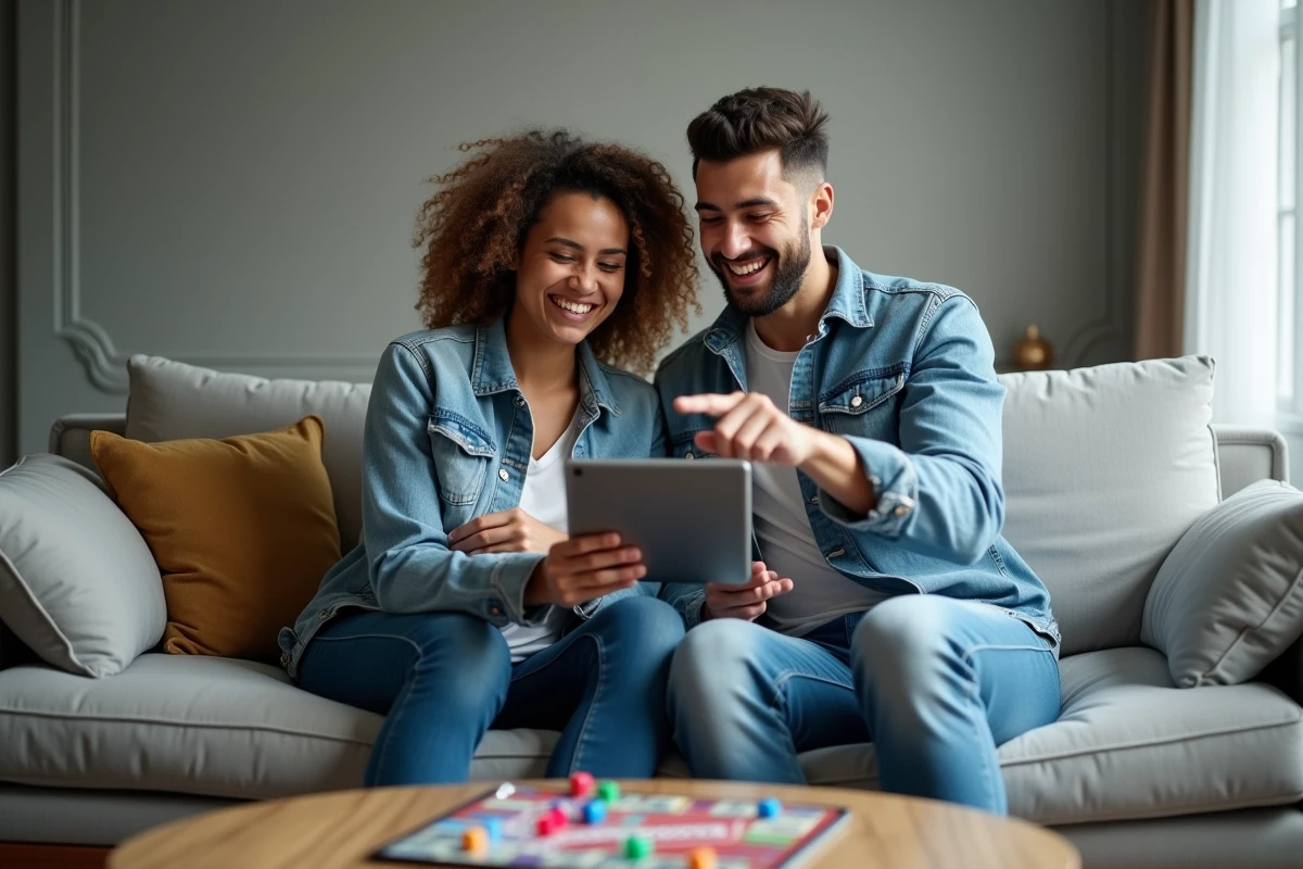 Deux amis sur un canapé jouant à Monopoly GO sur tablette avec des dés dans la main