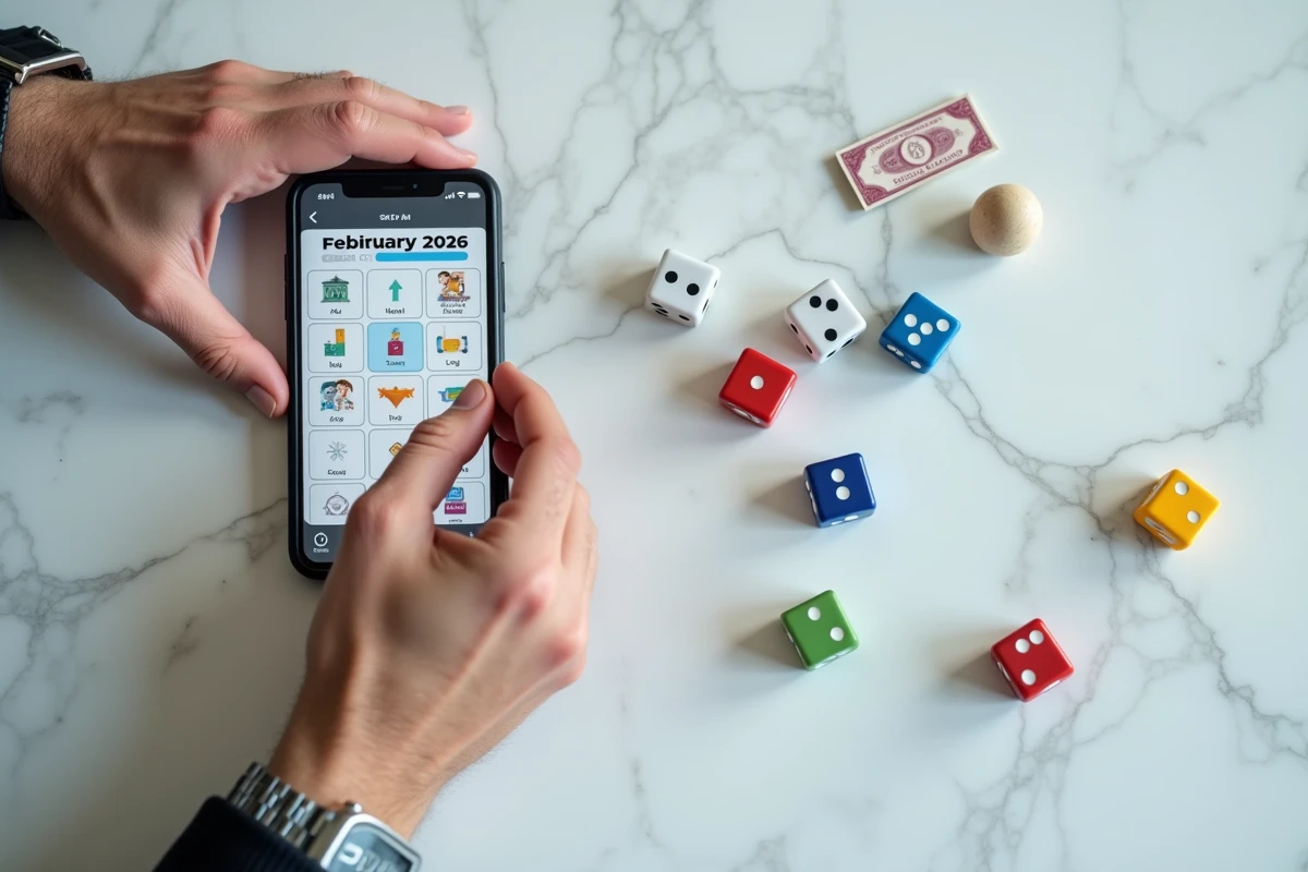 Vue de dessus avec des dés Monopoly GO, billets de jeu et smartphone affichant un calendrier de février 2026