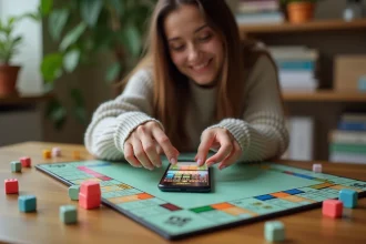 Femme jouant à Monopoly GO sur smartphone avec dés et plateau de jeu sur une table en bois