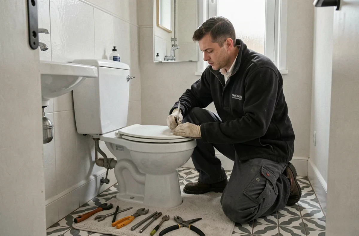 Plombier MS Interventions réparant une chasse d'eau dans une salle de bain française