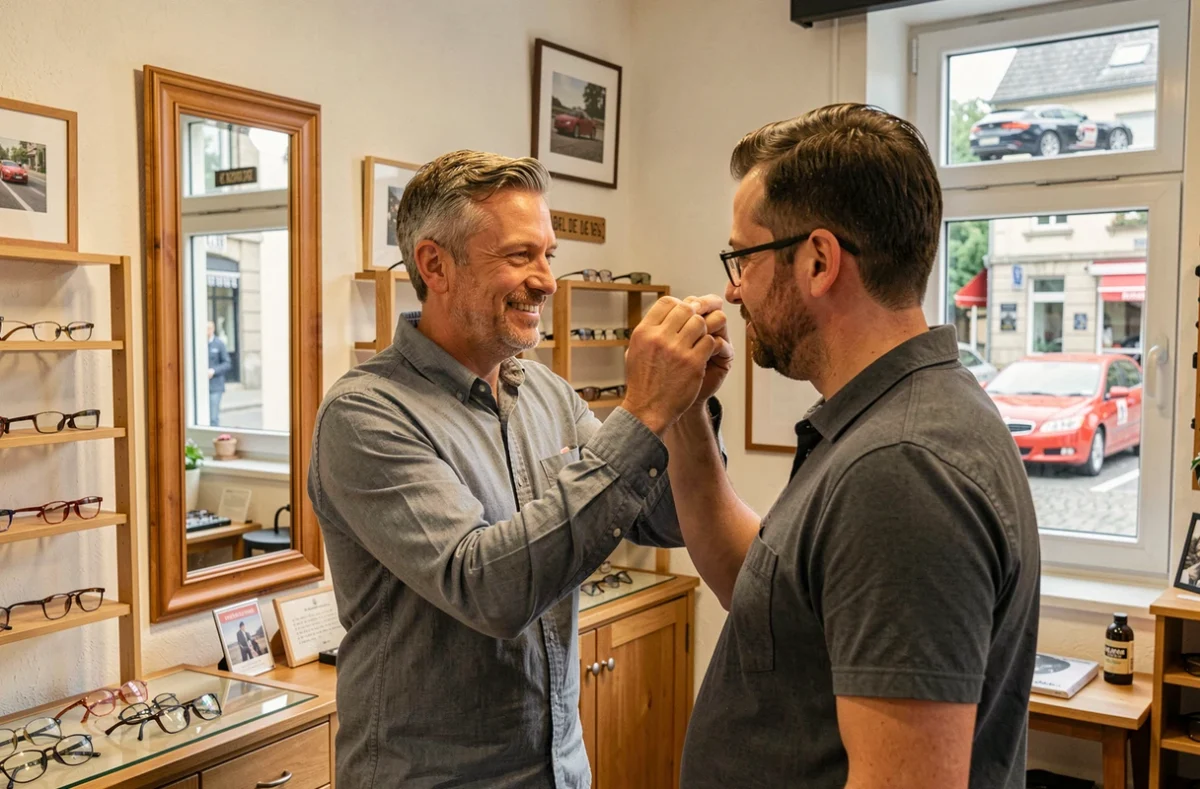 Opticien de proximité à Mulsanne aidant un client à essayer des lunettes dans sa boutique locale près du circuit