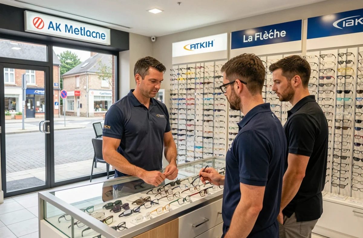 Opticien Optical Center à La Flèche dans le sud Sarthe présentant des lunettes de sport à un client en magasin