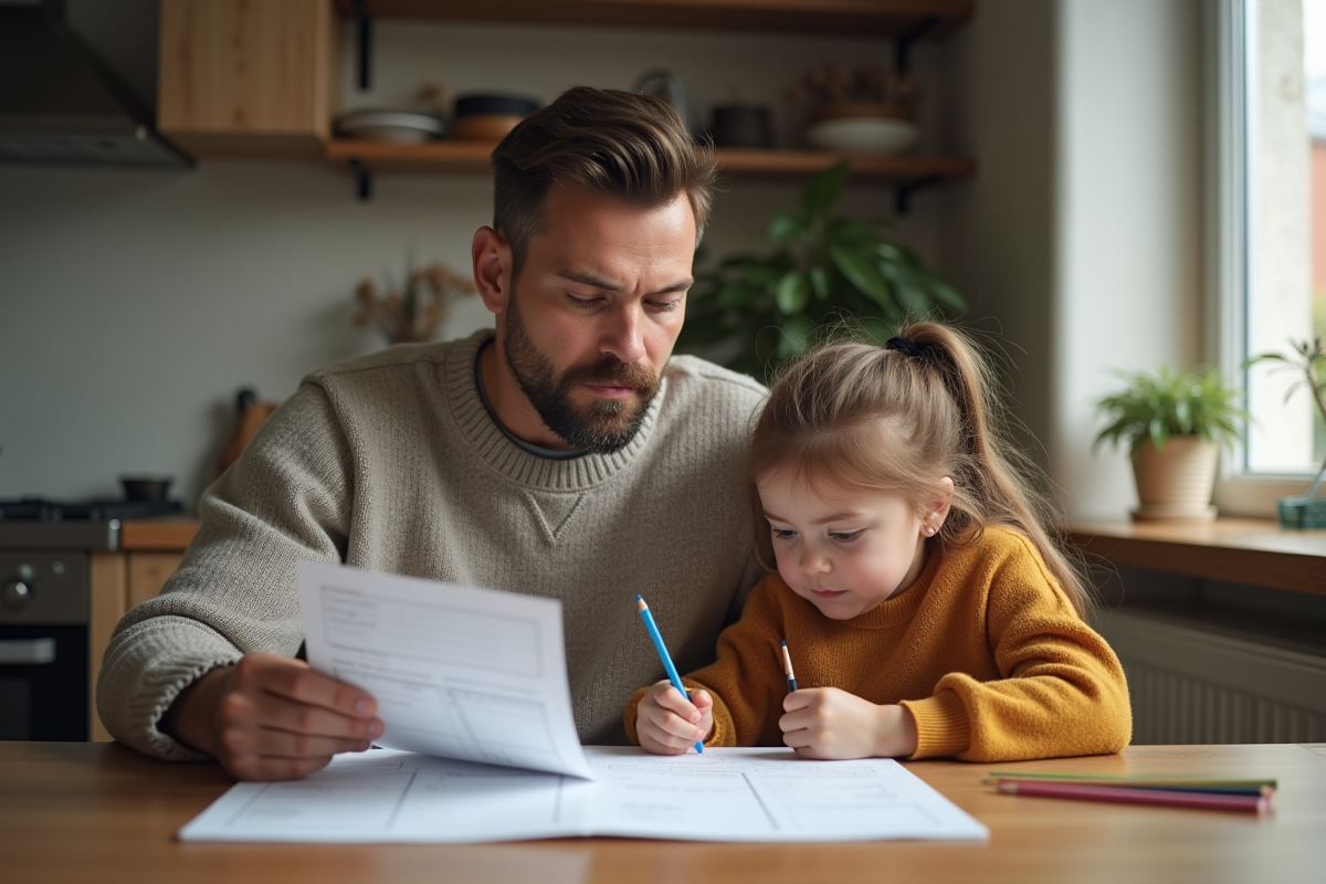 Pere et fille discutent factures à la maison