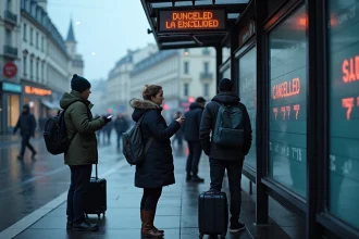 Passagers attendant à un arrêt de bus perturbé à Lorient suite à un accident, affichage des perturbations visible