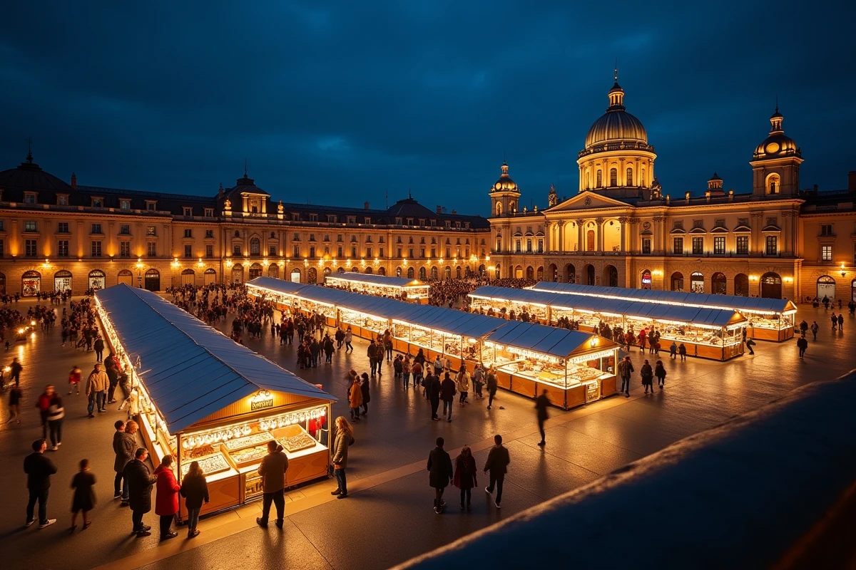 Vue en hauteur de la Place du Capitole à Toulouse lors d'une nocturne avec marchés de Noël illuminés
