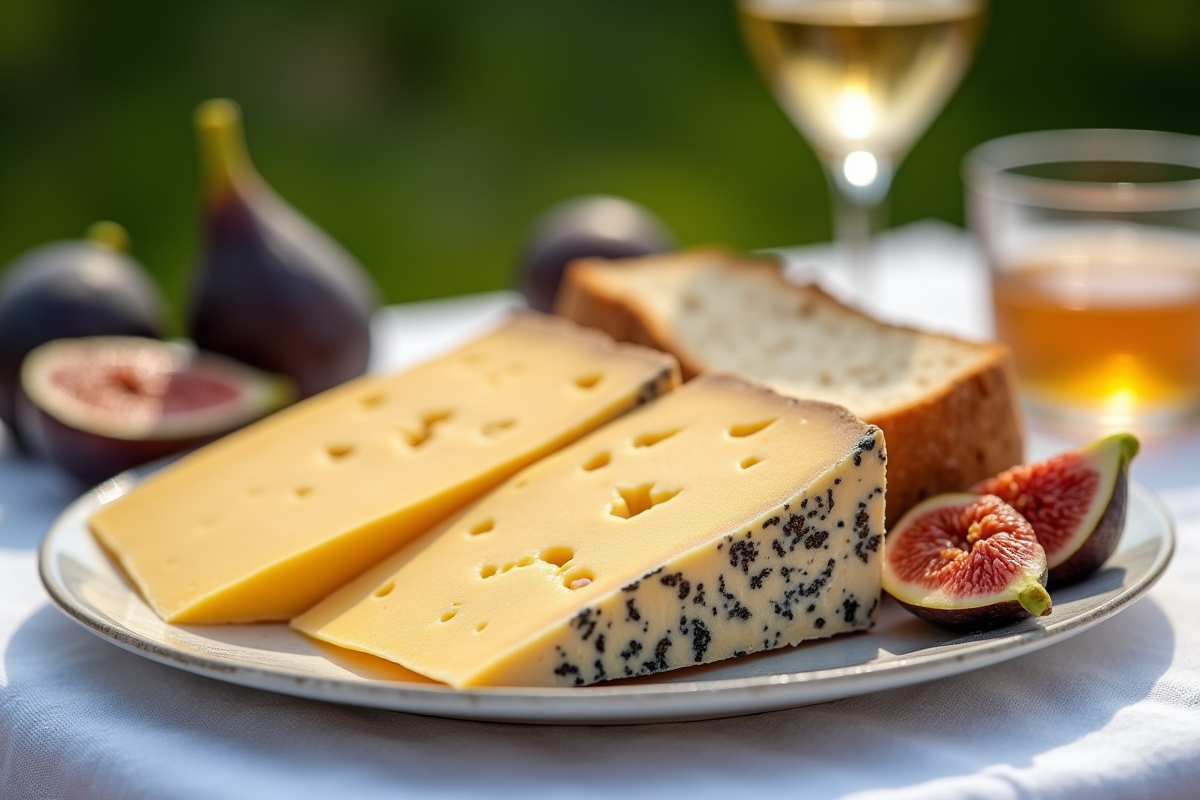 Assiette de casu marzu corse avec pain figues et vin en plein air