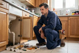 Plombier en urgence intervenant sous un évier dans un appartement strasbourgeois
