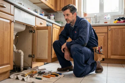 Plombier en urgence intervenant sous un évier dans un appartement strasbourgeois