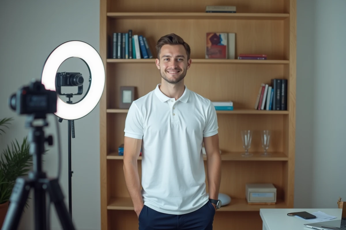 Homme politique filmant une vidéo pour les réseaux sociaux dans un studio maison minimaliste avec ring light et drapeau français en arrière-plan