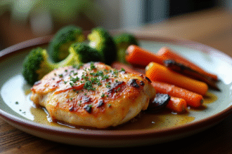 Poitrine de poulet rôti avec carottes colorées et brocolis