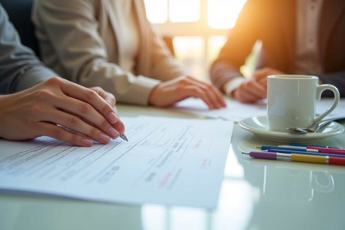 Mains organisant un agenda papier avec stylos et café