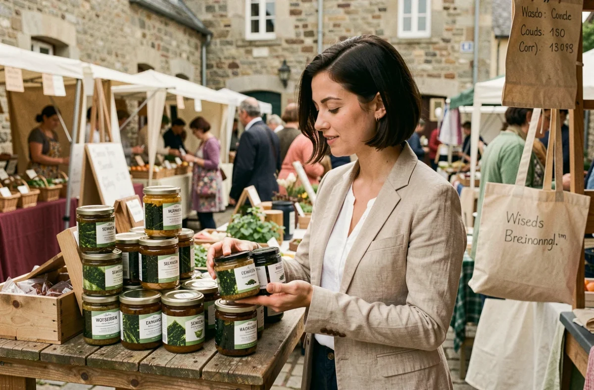 Entrepreneuse présentant des produits à base d'algues goémon sur un marché artisanal breton